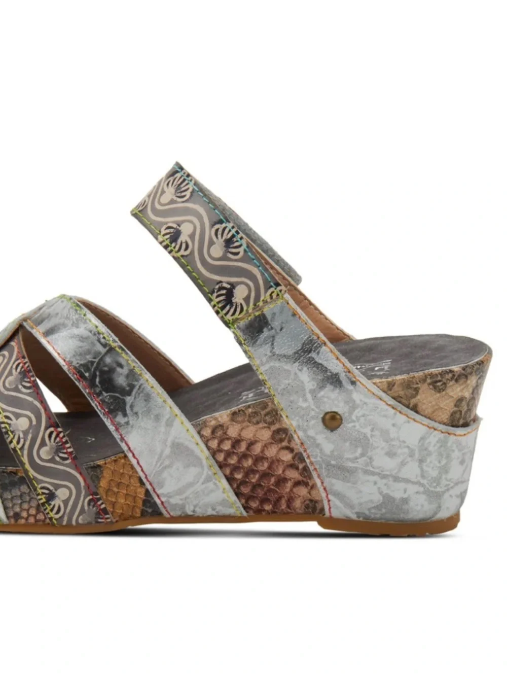 Spring Step L’Artiste Pinriyo Grey Multi Wedge Slide Sandal Silver Snake